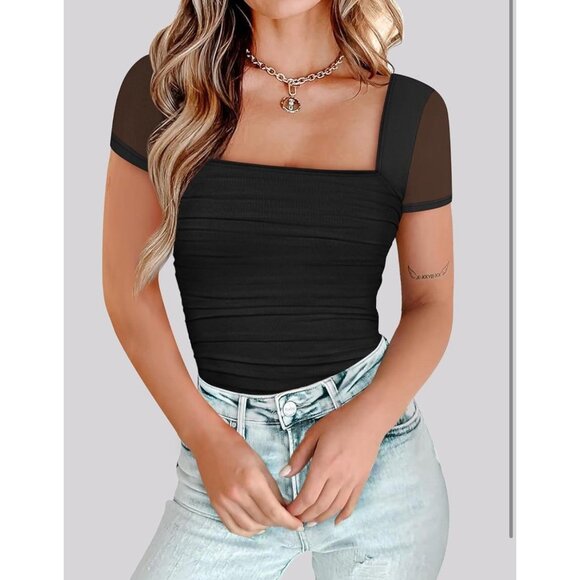 Chunpin Women's Square Neck Mesh Short Sleeve Thong Slimming Bodysuit Sz L Black - Picture 2 of 7